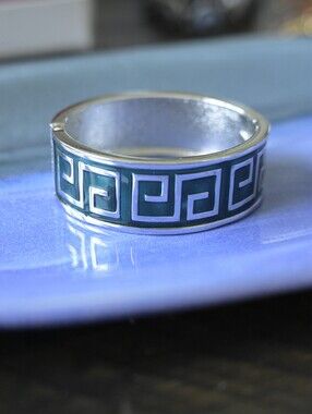 Greek Key Pattern Silver Tone Ring with Teal Enamel